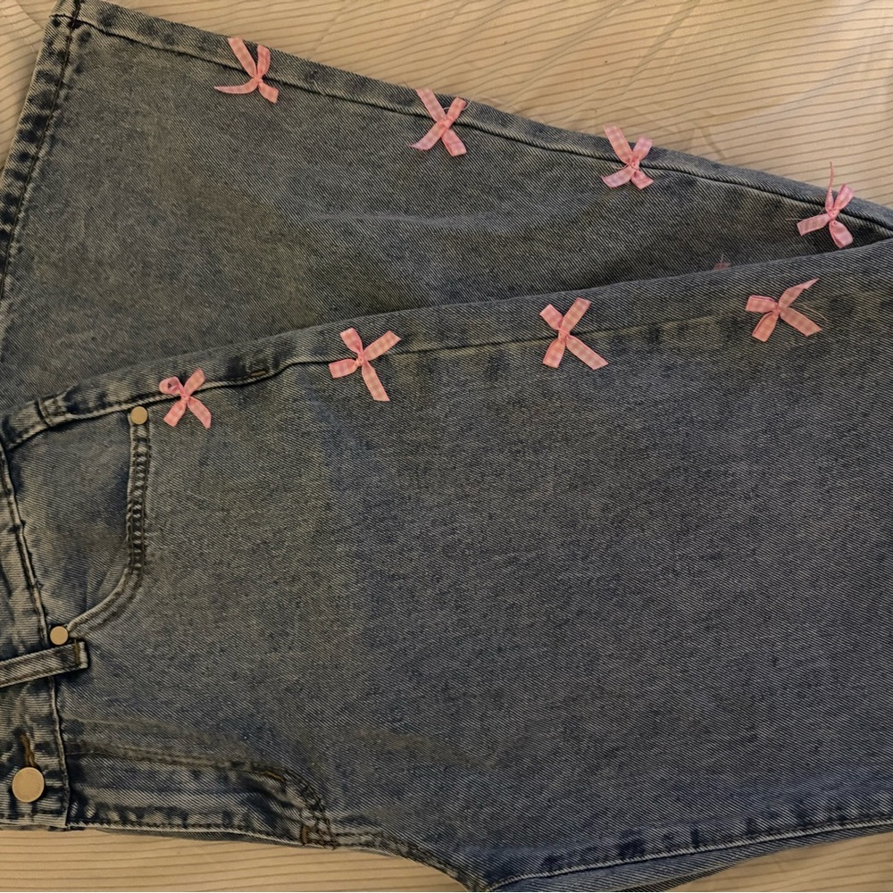 Blue and Pink Straight Leg Jeans with Decorative Pink Accents
